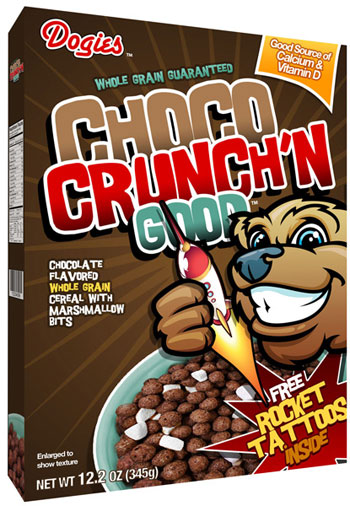 Image of a cereal box featuring a big cartoon bear and the following text: 'Choco Crunch'n Good TM', 'whole grain guaranteed', and 'free rocket tattoos inside'.