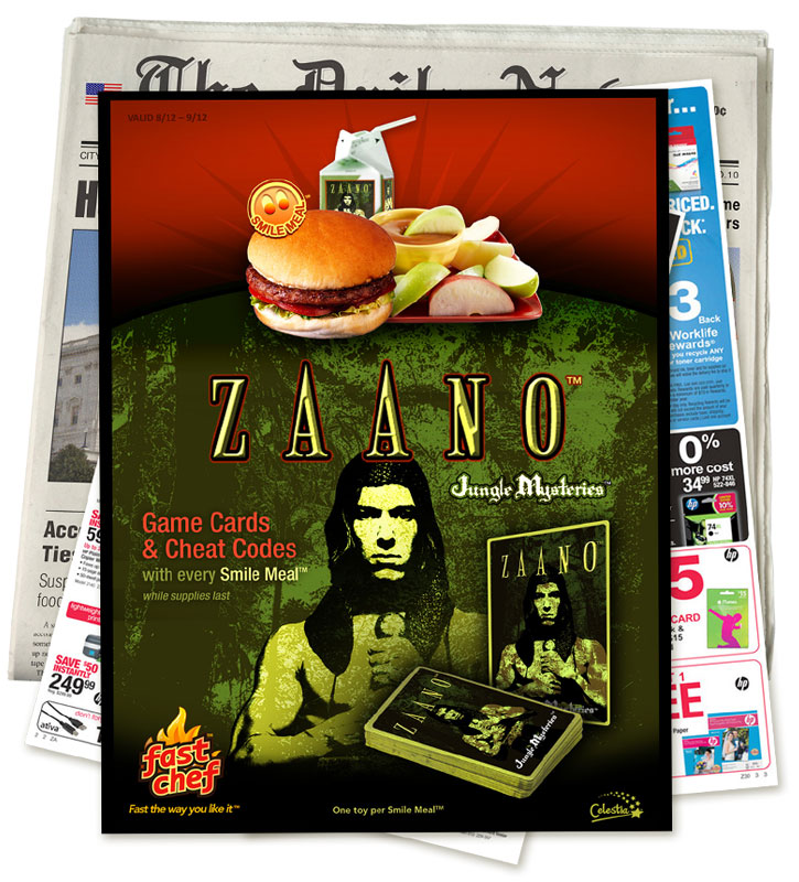 Image of a newspaper insert featuring an offer of game cards and cheat codes for the Zaano “Jungle Mysteries” video game with a Fast Chef Smile Meal - while supplies last.