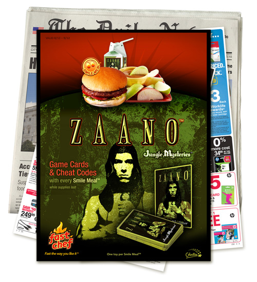 Image of a newspaper insert featuring an offer of game cards and cheat codes for the Zaano “Jungle Mysteries” video game with a Fast Chef Smile Meal - while supplies last.
