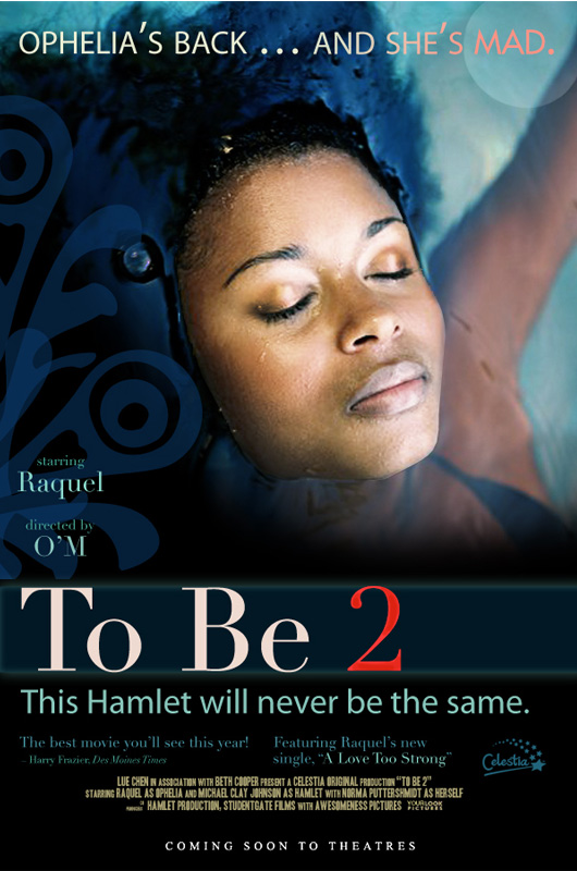 Image of a movie poster in a bus shelter, showing a girl floating in water above the words 'To Be 2.' Other text on the poster includes: 'starring Raquel' and 'featuring Raquel's new single.'