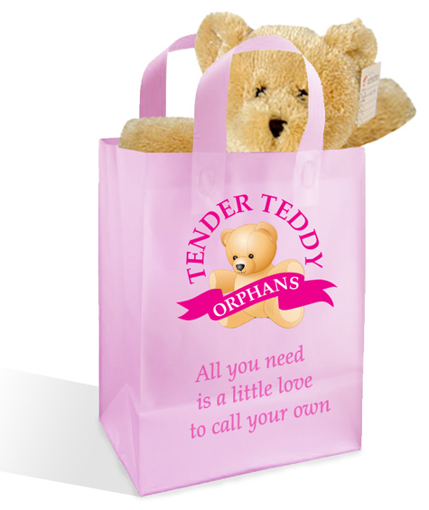 Image of a shopping bag with a logo for Tender Teddy Orphans and the words 'All you need is a little love to call your own.'