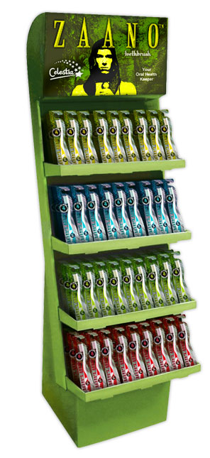 Image of a pop-up store display stocked with Zaano’s Quest-branded toothbrushes in bright colors.