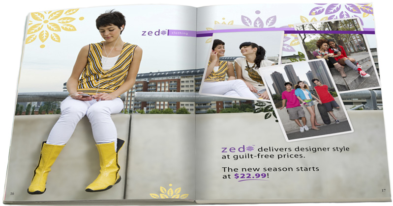 Image of pages from a Zed Clothing catalog with pictures of teens dressed in casual, trendy outfits, hanging out with their friends.