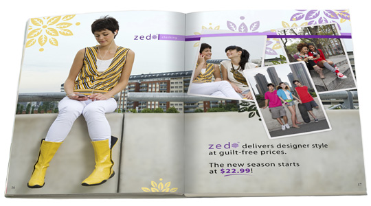 Image of pages from a Zed Clothing catalog with pictures of teens dressed in casual, trendy outfits, hanging out with their friends.