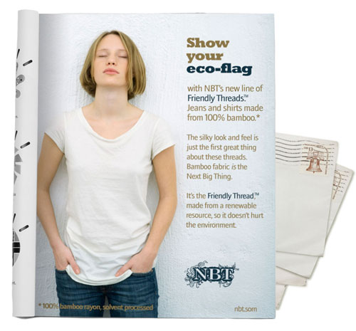 Image of a girl in a white T-shirt and jeans, alongside text that reads: 'Made from 100% bamboo*,' 'Made from a renewable resource' and 'Doesn't hurt the environment.' At the bottom of the ad, in smaller print, there is text that reads, “*100% bamboo rayon, solvent processed.”