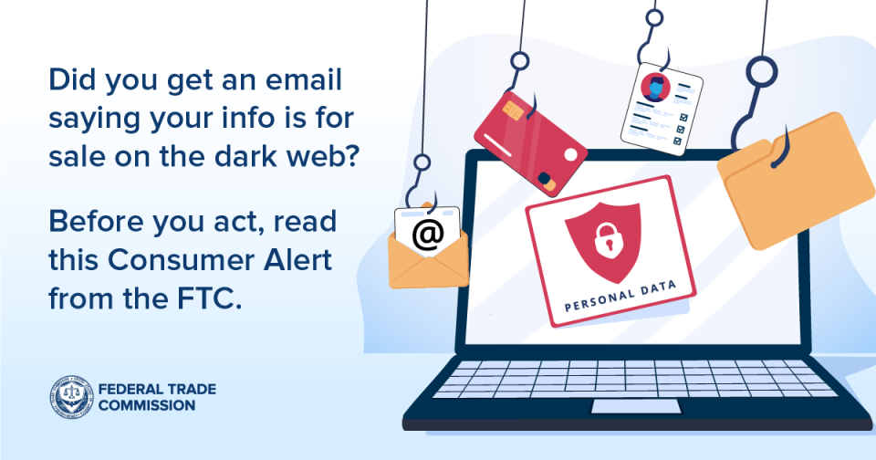 Graphic showing an open laptop computer with images of credit cards, drivers' licenses, and other personal data that might be available for sale on the dark web. 