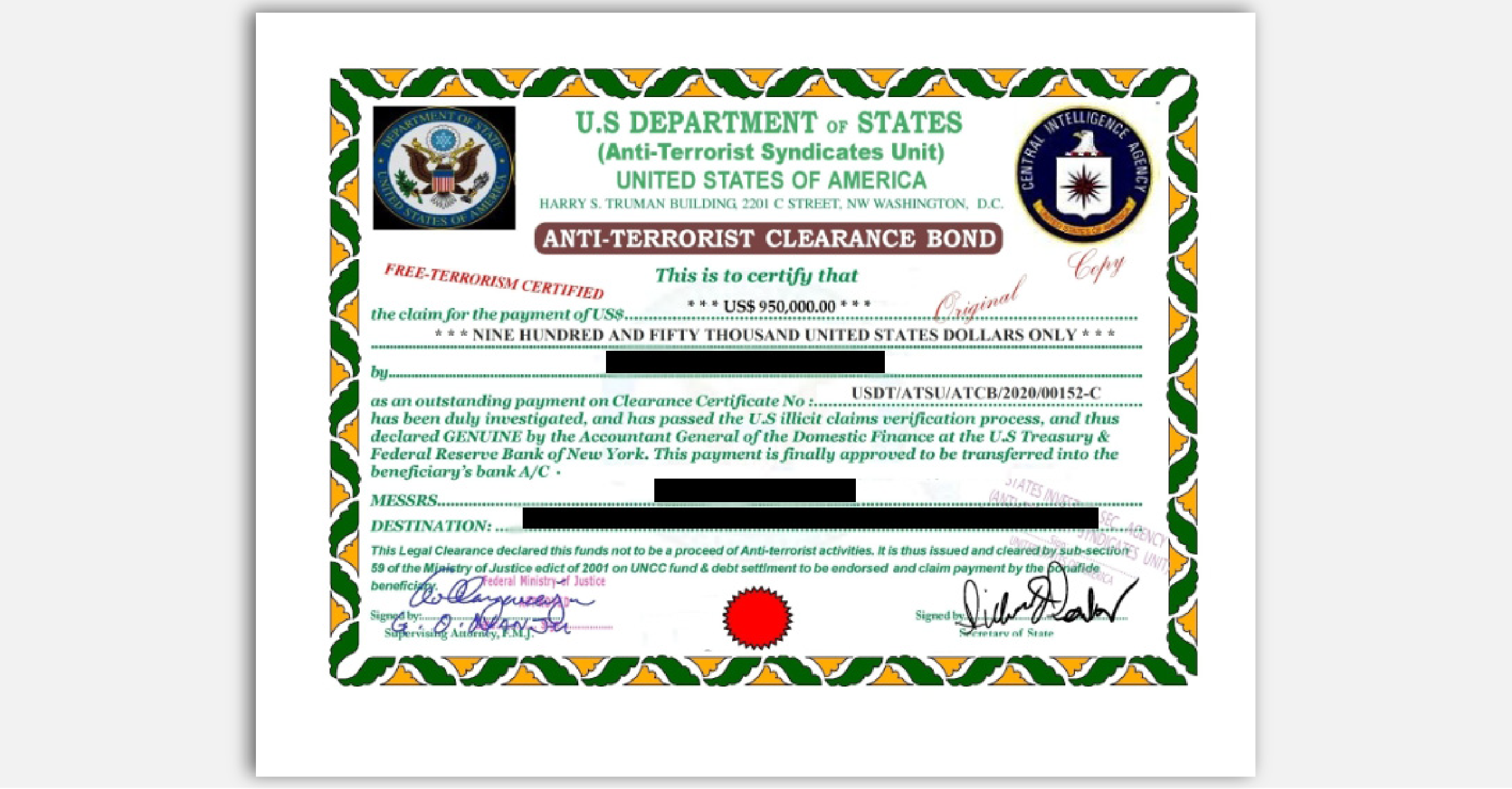 FTC impersonator scam fake State Dept. certificate