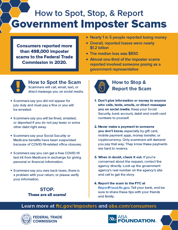 How to Spot, Stop, & Report Government Imposter Scams Infographic