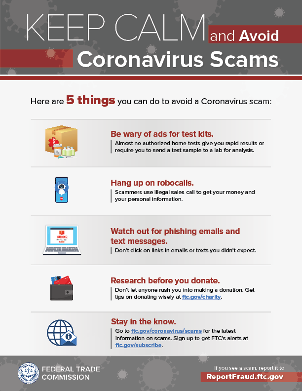 keep calm and avoid coronavirus scams infographic