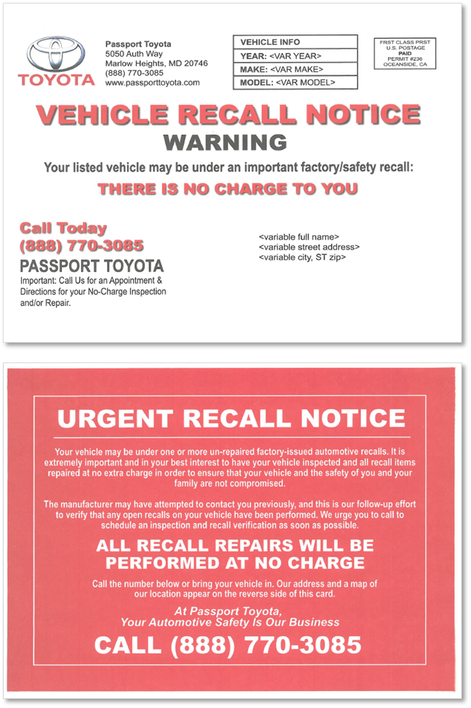Example of a recall notice that the Passport dealerships sent to vehicle owners.