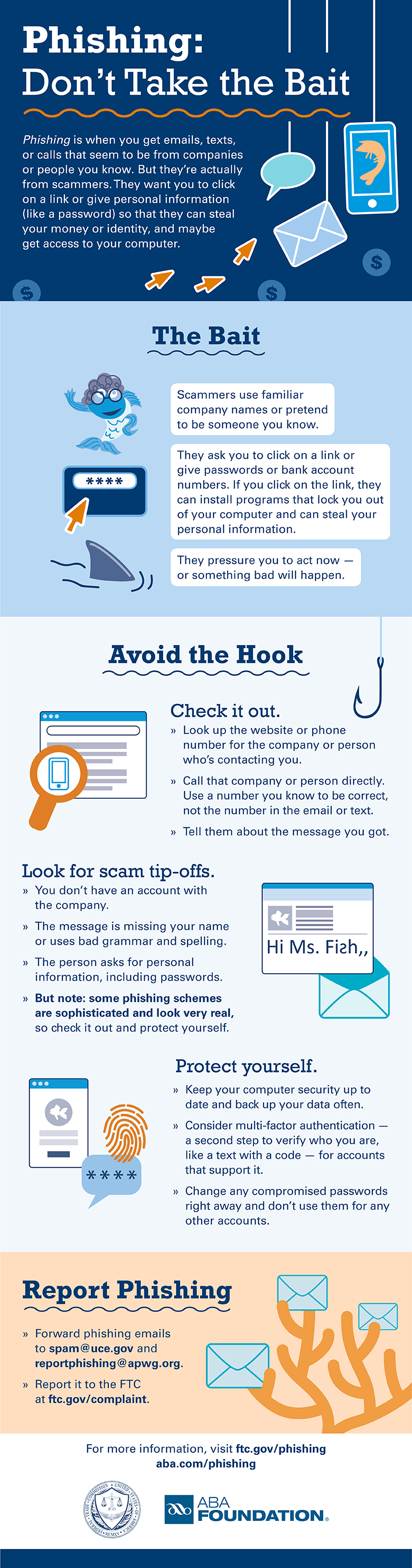 Phishing is when you get emails, texts, or calls that seem to be from companies or people you know. But they’re actually from scammers. They want you to click on a link or give personal information(like a password) so that they can steal your money or identity, and maybe get access to your computer.