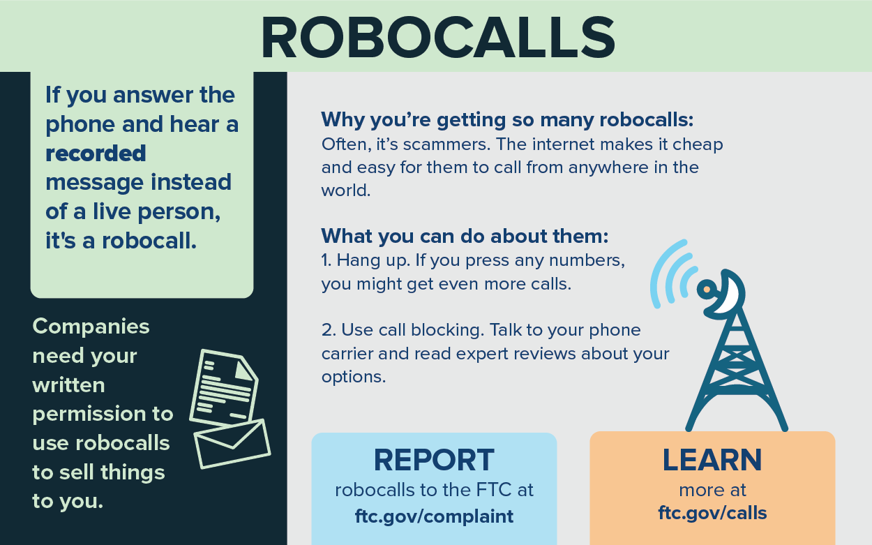 infographic explaining that many of the robocalls you are getting are from scammers, and to get fewer robocalls you should hang up and use call blocking. 