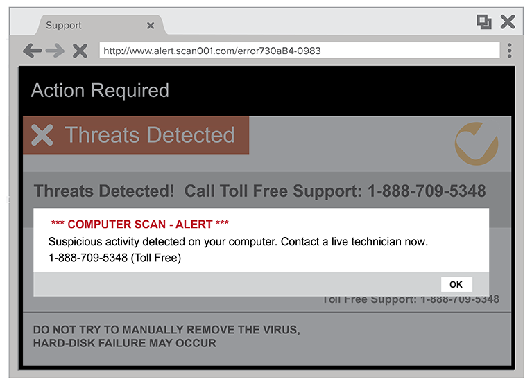 example of a fake tech support pop-up warning