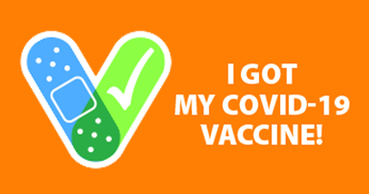 Sticker with an orange background. It says, "I got my COVID-19 vaccine!"