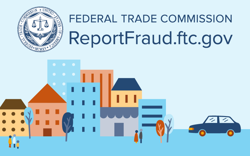 vector image of generic city with federal trade commission reportfraud.ftc.gov