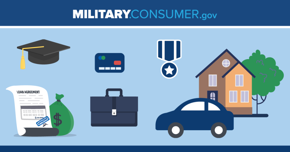 collection of graphic icons including graduation cap, loan agreement, bag of money, credit card, briefcase, military medal, car, house