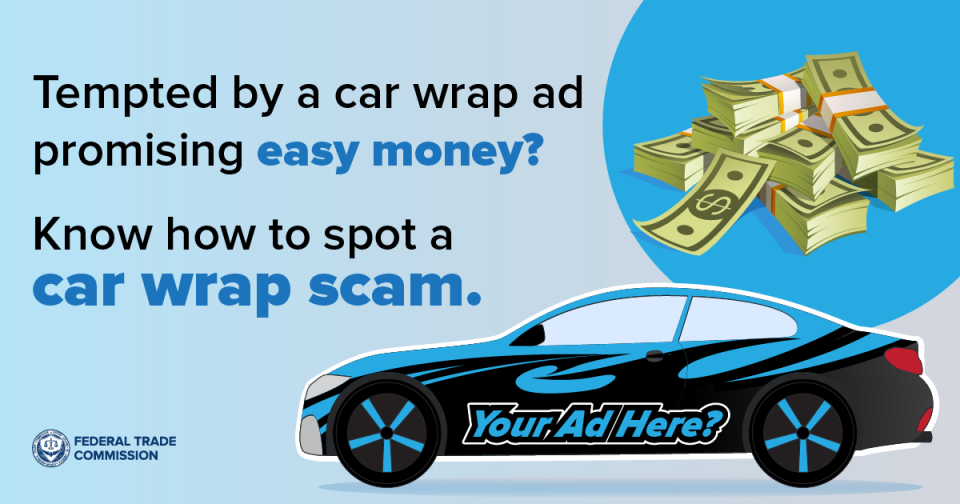 Tempted by a car wrap ad promising easy money? Know how to spot a car wrap scam. Picture of a car with "Your Ad Here" text on the side.