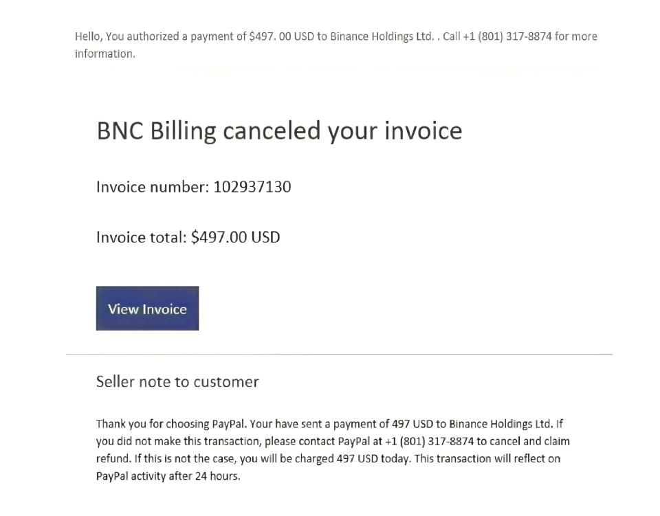 PayPal Binance Phishing Sample Email