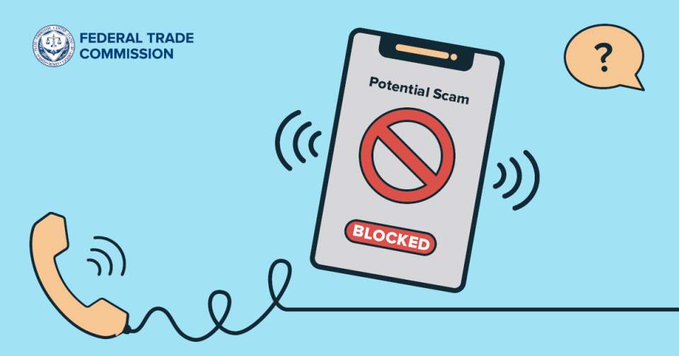 A cell phone with the words “potential scam” and “blocked” appearing on the screen